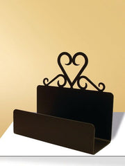 Heart Business Card Holder in black metal with ornate heart design, displayed on a white surface for office or home workspace decor.