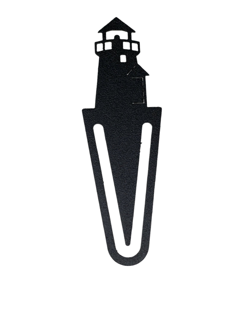 Lighthouse Bookmark -Textured in black metal with a lighthouse silhouette design, ideal for marking pages in books or planners.