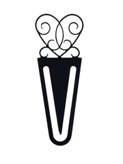Victorian Heart Bookmark -Flat Black with intricate scroll heart design, ideal for marking pages in books or planners. Stylish metal accessory for home-office use.