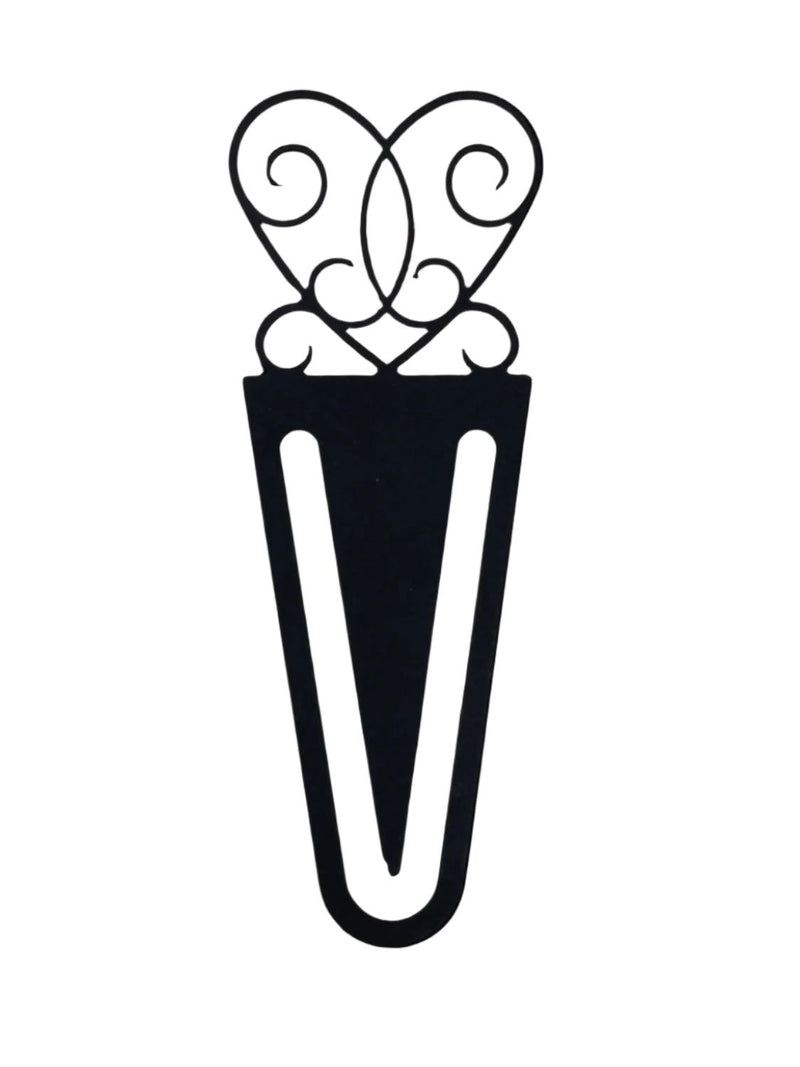 Victorian Heart Bookmark -Flat Black with intricate scroll heart design, ideal for marking pages in books or planners. Stylish metal accessory for home-office use.