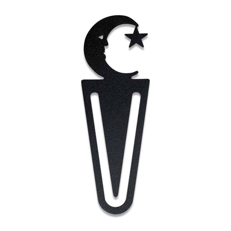 Moose & Star Bookmark -Textured in black metal with crescent moon and star design, ideal for marking pages in books or planners.