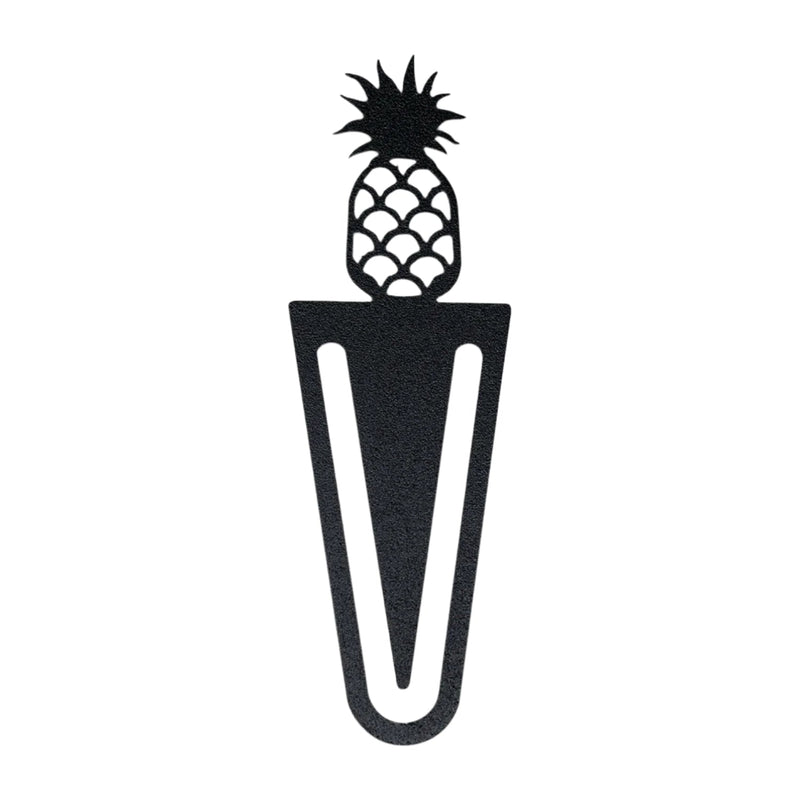Textured pineapple-shaped metal bookmark with a black finish, ideal for marking pages in books. Stylish and durable for home or office use.