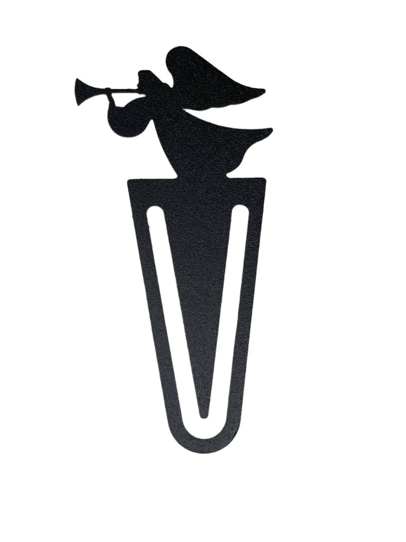 Angel Bookmark -Textured metal clip with trumpet-playing angel silhouette, ideal for marking pages in books or planners.