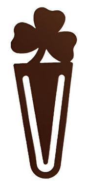 Bronze shamrock-shaped metal bookmark with a sleek triangular clip design, ideal for marking pages in books or planners.