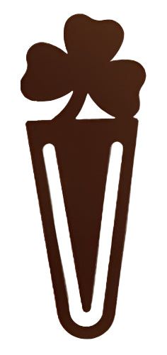 Bronze shamrock-shaped metal bookmark with a sleek triangular clip design, ideal for marking pages in books or planners.