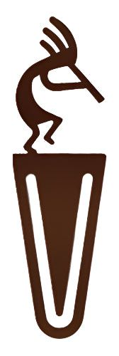 Bronze Kokopelli Bookmark featuring a stylized flute-playing figure atop a sleek triangular clip. Ideal for marking pages in books or journals.