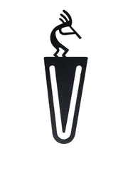 Kokopelli Bookmark -Textured in black metal with a tribal Kokopelli figure atop a V-shaped clip. Ideal for home or office book organization.