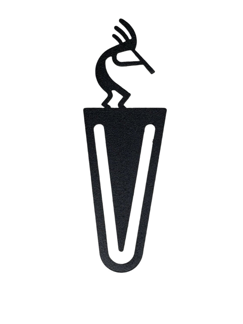 Kokopelli Bookmark -Textured in black metal with a tribal Kokopelli figure atop a V-shaped clip. Ideal for home or office book organization.