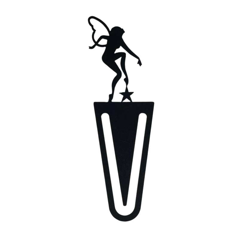Garden Fairy Bookmark -Flat Black features a silhouette of a fairy standing on a star, crafted in durable black metal. Ideal for whimsical book lovers.