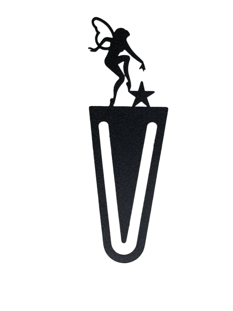 Garden Fairy Bookmark -Textured in black metal with a silhouette of a fairy standing on a star, ideal for fantasy-themed book lovers. Unique clip design fits securely in pages.