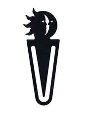 Sun & Moon Bookmark -Flat Black in metal silhouette design featuring celestial faces, ideal for marking pages in books or journals.