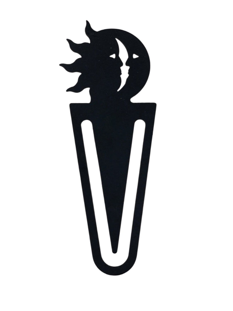 Sun & Moon Bookmark -Flat Black in metal silhouette design featuring celestial faces, ideal for marking pages in books or journals.