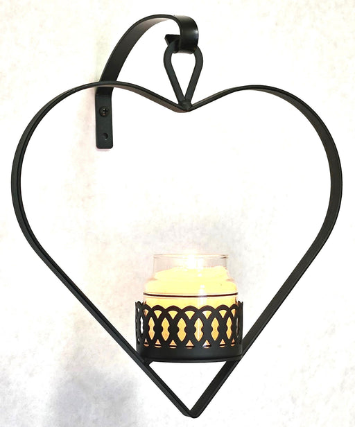 Heart Mini Candle Jar Votive Holder Set featuring a black metal heart-shaped wall mount with a lit votive candle in a decorative holder. Ideal for romantic home decor in the Home & Garden category.