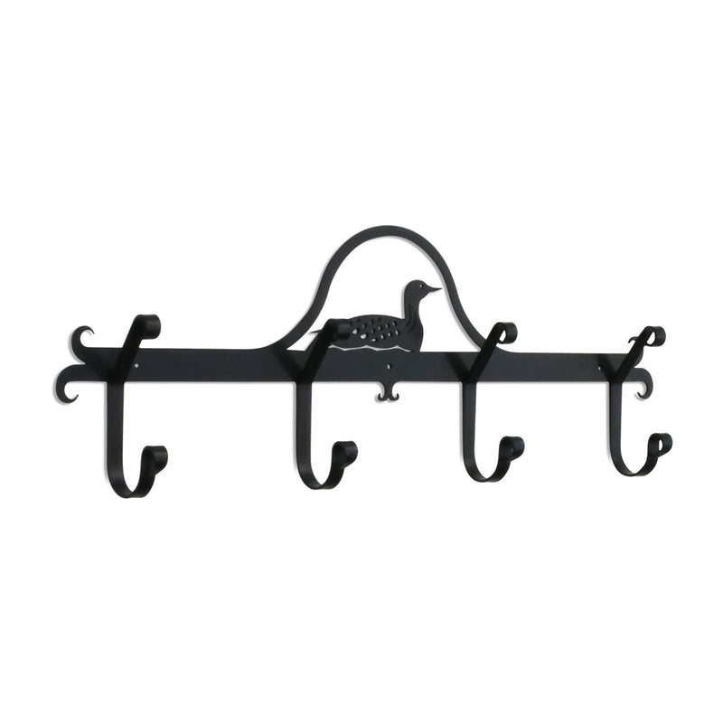 Loon Coat Bar with 5 decorative hooks and a loon silhouette, ideal for rustic home decor in coat and hat rack collections.