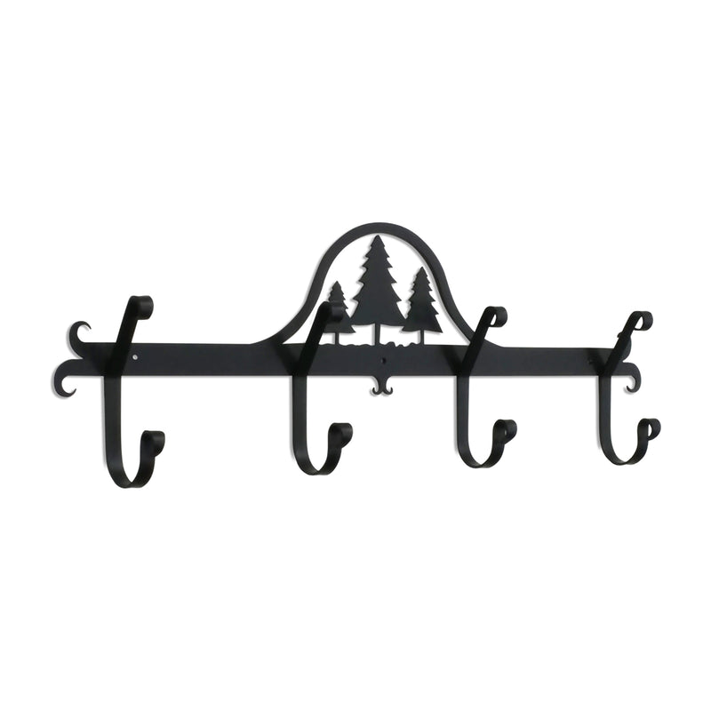 Black metal Pine Trees Coat Bar with five decorative hooks, ideal for rustic home decor in coat and hat rack collections.