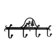 Moose & Pine Coat Bar with 5 hooks in black metal featuring a moose and pine tree silhouette, ideal for rustic home decor and coat storage.