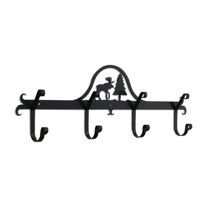 Moose & Pine Coat Bar with 5 hooks in black metal featuring a moose and pine tree silhouette, ideal for rustic home decor and coat storage.