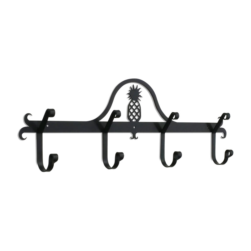 Black metal Pineapple Coat Bar with five decorative hooks, ideal for hanging towels or coats in home and garden decor settings.
