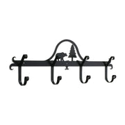Bear & Pine Coat Bar with five decorative hooks, featuring a black metal silhouette of a bear and pine tree. Ideal for rustic home decor.