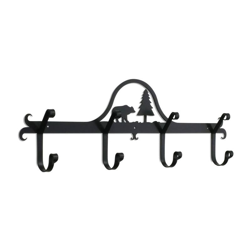 Bear & Pine Coat Bar with five decorative hooks, featuring a black metal silhouette of a bear and pine tree. Ideal for rustic home decor.