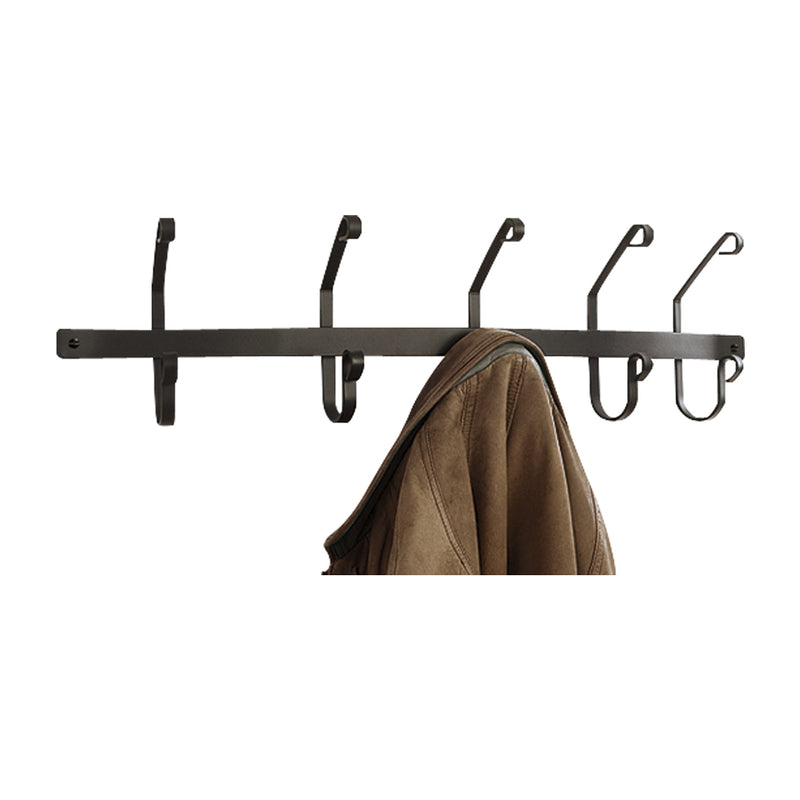 Coat bar with 5 hooks holding a brown jacket, showcasing its sturdy design for everyday use in home or office settings.