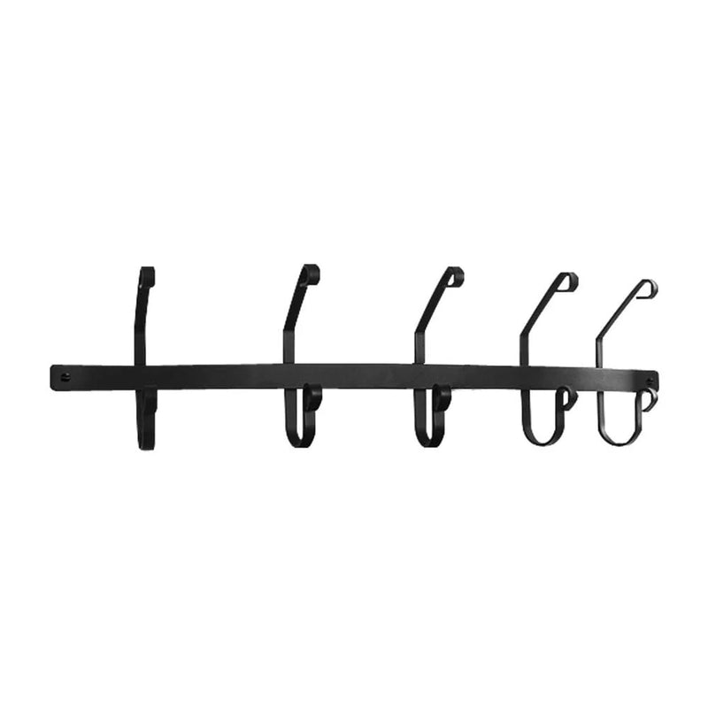 Minimalist black metal coat bar with 5 evenly spaced hooks, perfect for hanging coats, hats, or bags in modern home interiors.