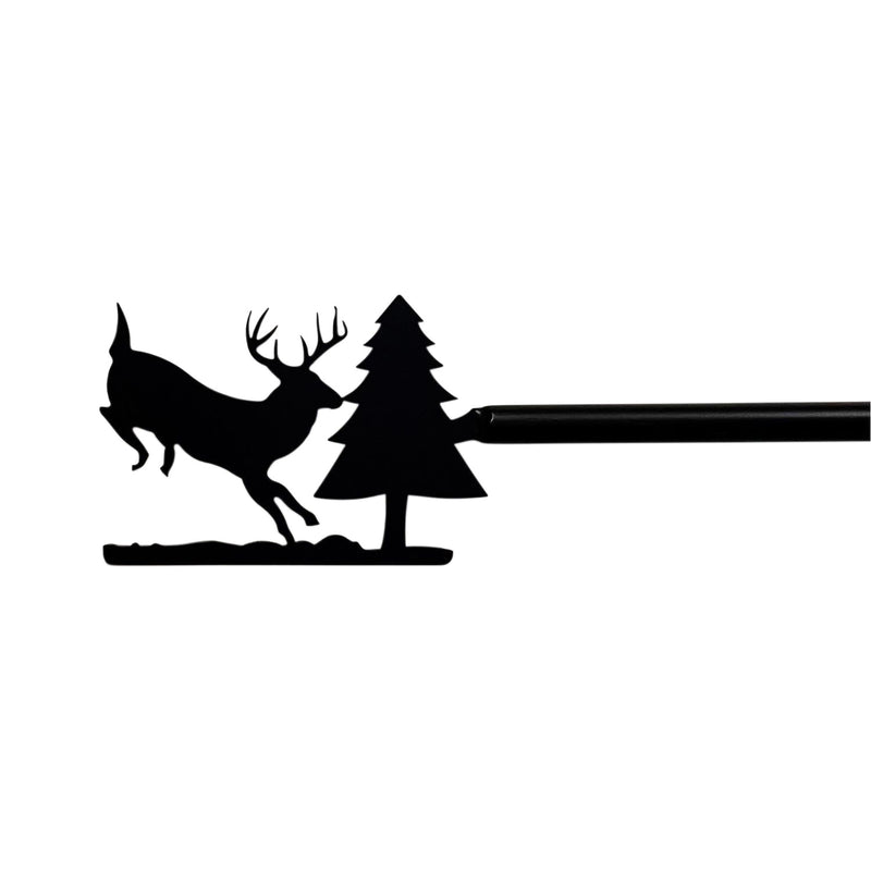 Running Deer Pine Curtain Rod Med with silhouette of deer and pine tree, ideal for rustic window decor. Curtain rod extends up to 60 inches.