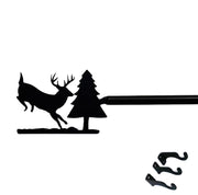 Running Deer Pine Curtain Rod Med includes mounting hardware, featuring a black deer and pine tree design for cabin-style window treatments.