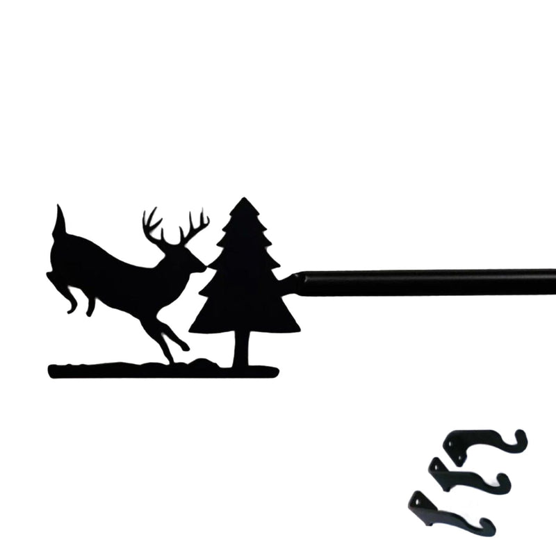 Running Deer Pine Curtain Rod Med includes mounting hardware, featuring a black deer and pine tree design for cabin-style window treatments.