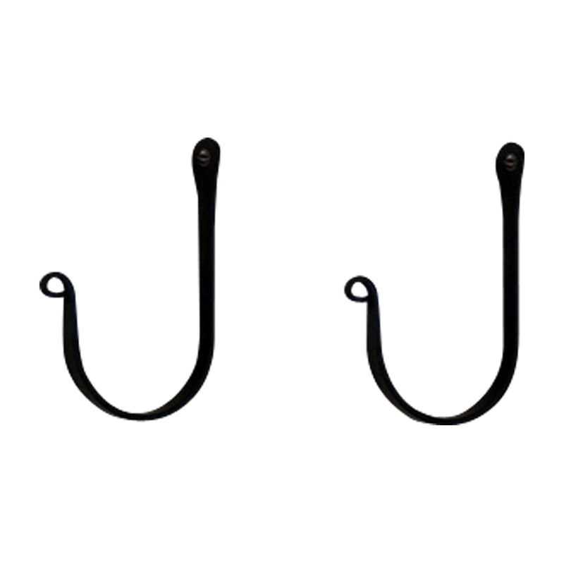 Primitive Curtain Swags (pair) in black metal J-hook design for rustic window decor. Ideal for holding back curtains in farmhouse-style interiors.
