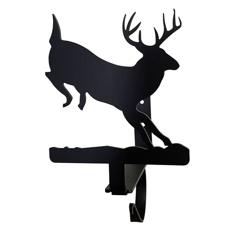 Running Deer Curtain Shelf Bracket with silhouette of a leaping deer in black metal, ideal for rustic window decor in home and garden settings.