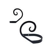 Scroll Curtain Tie Backs (pair) in black metal with elegant swirl design, ideal for holding curtains in place in modern or classic interiors.