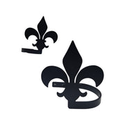 Stylish Fleur de lis curtain tie backs set in black finish, designed for securing drapes with a touch of vintage charm.
