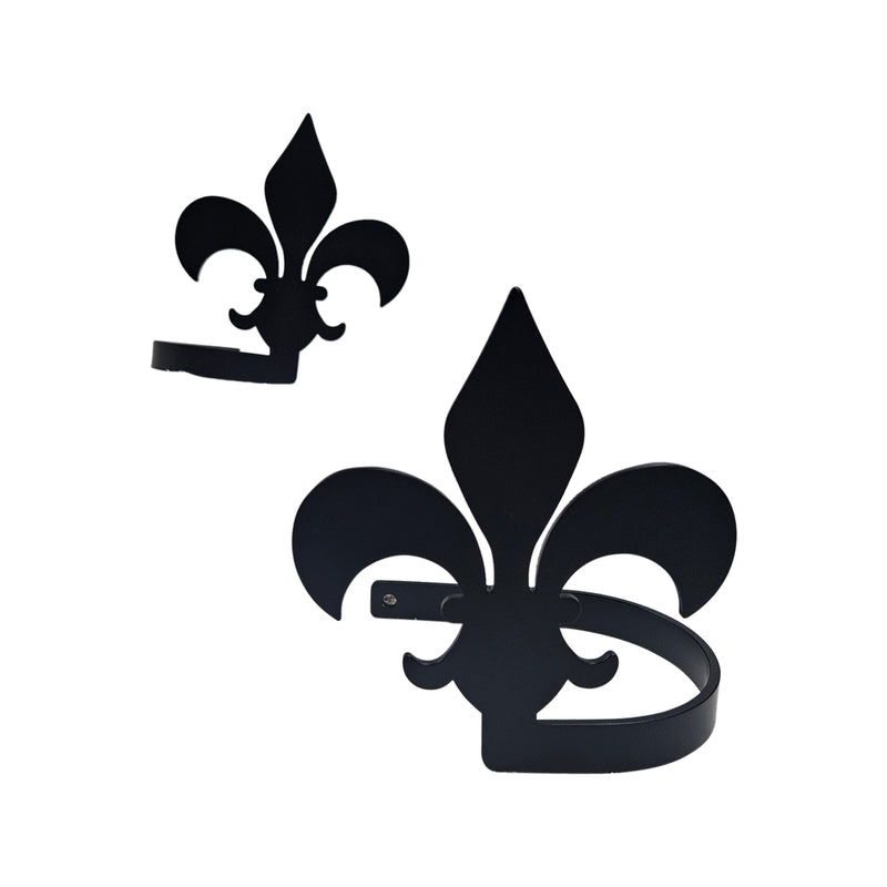 Stylish Fleur de lis curtain tie backs set in black finish, designed for securing drapes with a touch of vintage charm.