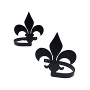 Pair of black Fleur de lis curtain tie backs with elegant scroll design, ideal for classic home decor in window treatment accessories.