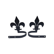 Matching pair of Fleur de lis curtain holdbacks with mounting holes, crafted for easy installation in home and garden decor.