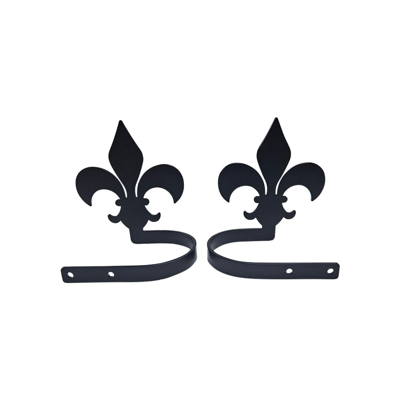 Matching pair of Fleur de lis curtain holdbacks with mounting holes, crafted for easy installation in home and garden decor.