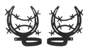 Pair of black metal horseshoe curtain tie backs with barbed wire design, ideal for rustic or Western-themed home decor.