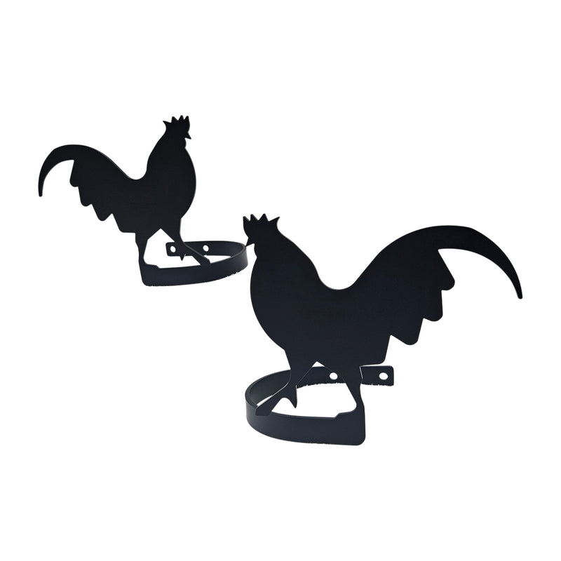 Pair of black metal rooster curtain tie backs with silhouette design, ideal for farmhouse or rustic window decor in home and garden settings.