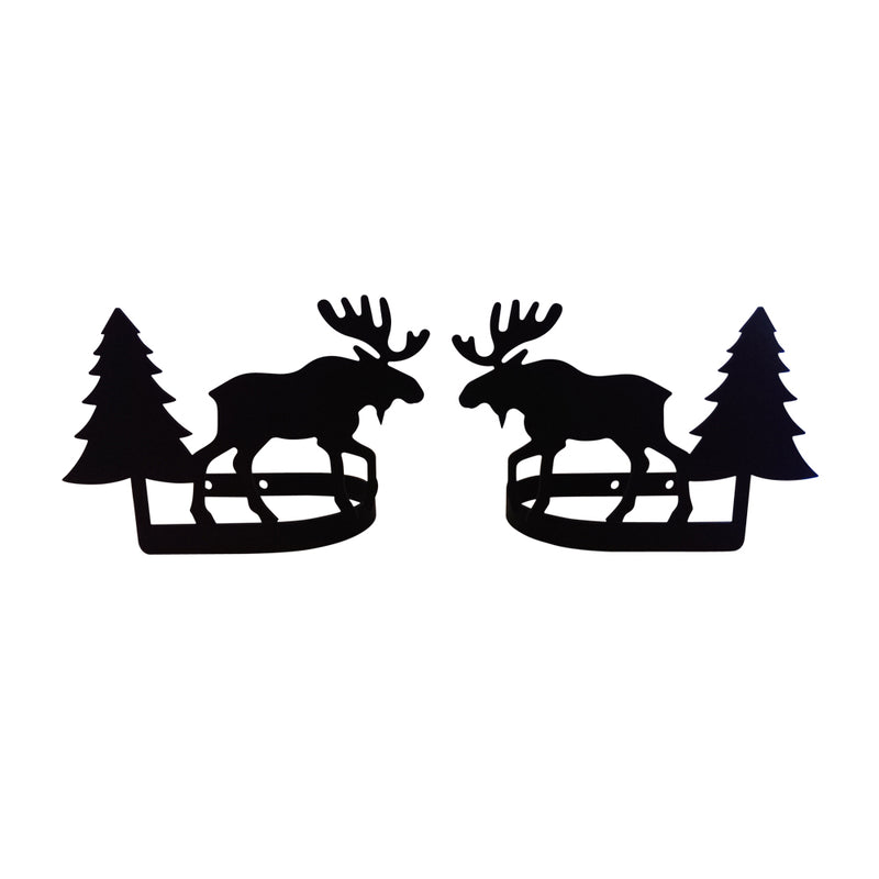 Moose Pine Curtain Tie Backs pair in black metal with moose and pine tree design, 6x4.25x3.25 inches for rustic window decor.