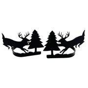 Running Deer & Pine Curtain Tieback pairs feature black metal silhouettes of deer and pine trees, ideal for rustic cabin window decor.