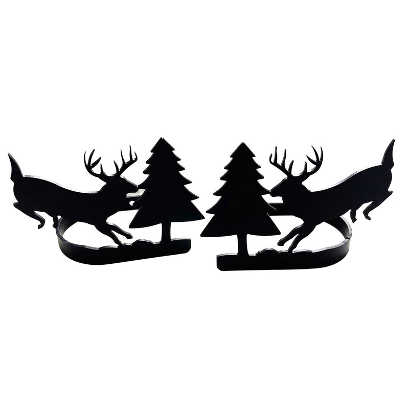 Running Deer & Pine Curtain Tieback pairs feature black metal silhouettes of deer and pine trees, ideal for rustic cabin window decor.