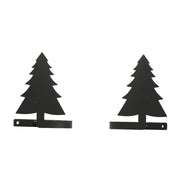 Pair of Pine Tree Curtain Tie Backs in black metal, measuring 4.5x5x3.25 inches, ideal for rustic or holiday-themed window decor.