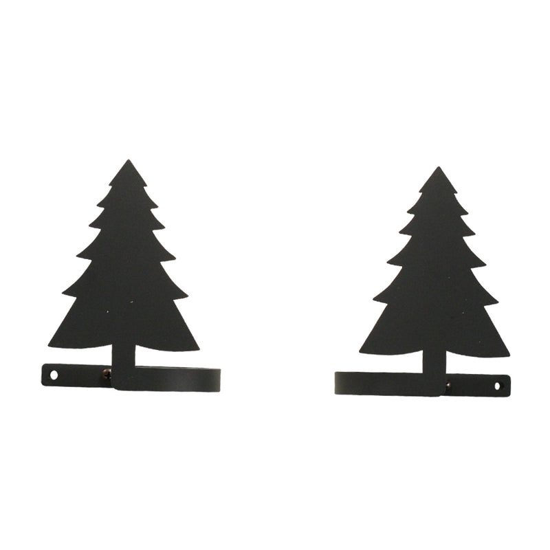 Pair of Pine Tree Curtain Tie Backs in black metal, measuring 4.5x5x3.25 inches, ideal for rustic or holiday-themed window decor.