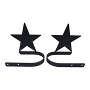 Pair of black metal star curtain tie backs with curved arms, ideal for rustic or festive decor in home window treatments.