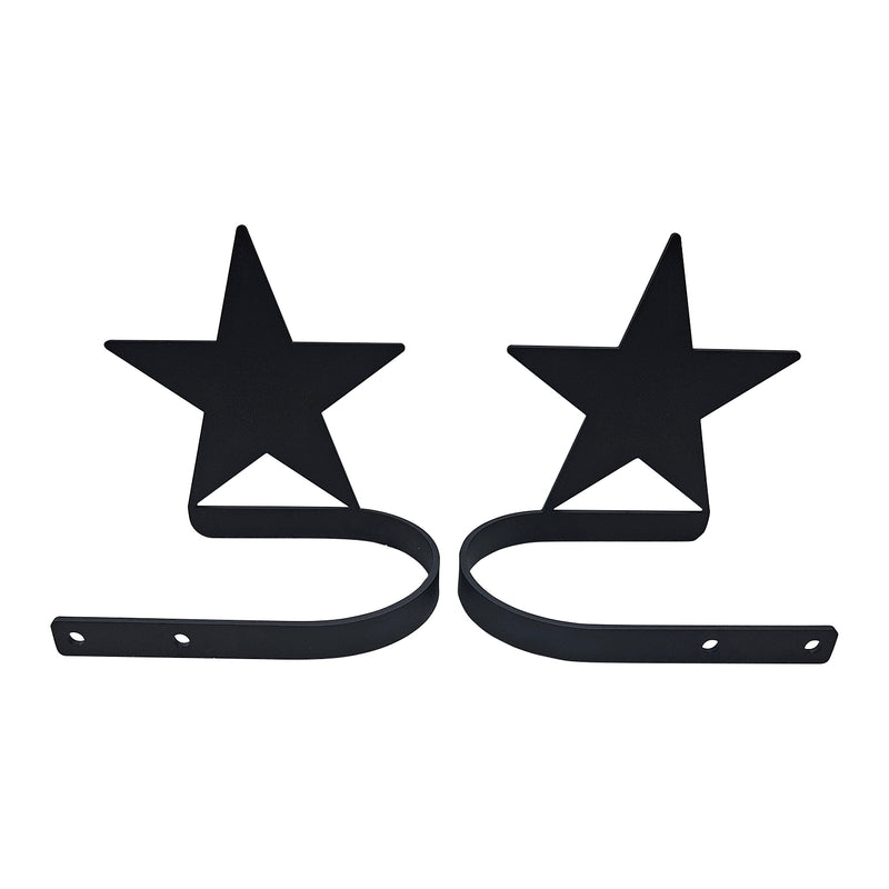 Pair of black metal star curtain tie backs with curved arms, ideal for rustic or festive decor in home window treatments.