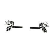 Durable pinecone curtain tie backs with rustic black metal design, ideal for cabin or lodge-style window decor. Measures 6"W x 3.75"H x 3.25"D.