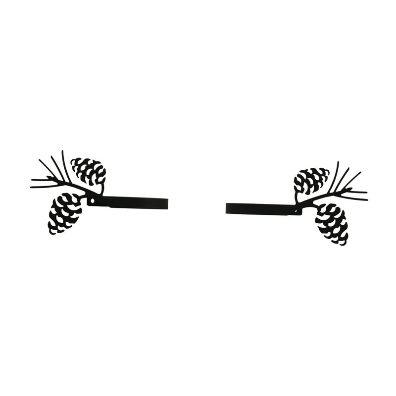 Durable pinecone curtain tie backs with rustic black metal design, ideal for cabin or lodge-style window decor. Measures 6"W x 3.75"H x 3.25"D.