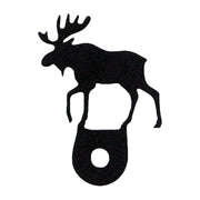 Moose Cabinet Door Silhouette in black metal, shaped like a moose with mounting hole, ideal for rustic cabinet knob decor.