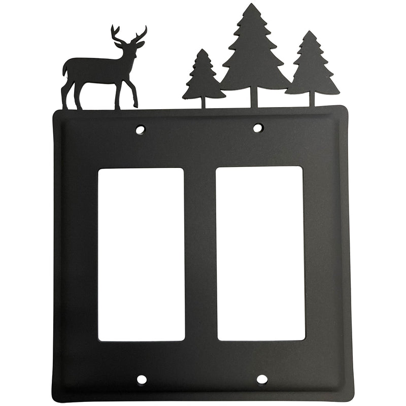 Double Deer & Pine tree Double GFCI Cover features a black metal wall plate with cutout silhouettes of a deer and pine trees, ideal for rustic Christmas decor.